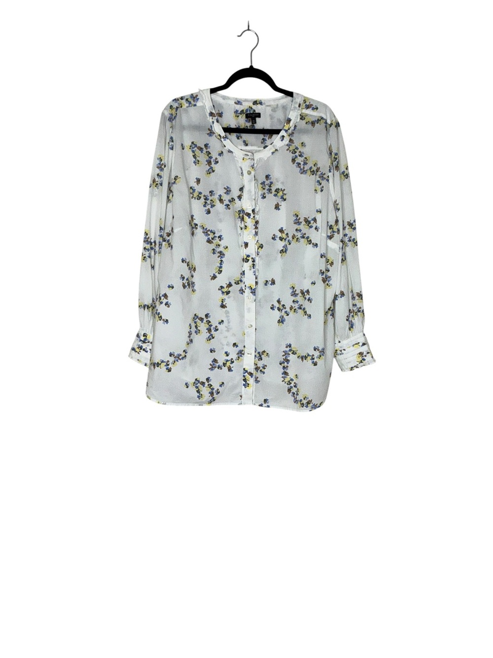 Talbots White Cotton Button-Front Blouse Blue/Yellow Floral Print Ruffles 3X